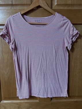 LOFT Pink & White Striped Ruffle Sleeve Tee Top